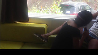 Camping risky public blowjob in front of an open window