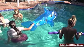 Derek Is Getting His Cock Sucked By All Four Wet Girls In The Pool - Aften Opal And Kyler Quinn