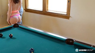 Watch Hailey Little take a hard cock on top of a pool table and swallow every drop