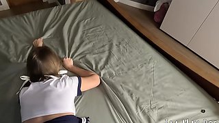 Fucked on a bed cute Russian babe in school uniform and white pantyhose