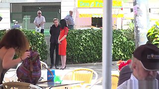 Slave in red dress humiliated in public