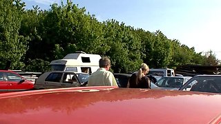 Amateur German Blowjob in Car Workshop - Big Tits Sabine Weber Fucks on Hood