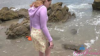 Skinny Selina Imai in pov action on the beach with pigtailed fun