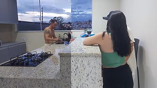 Fucking Hot Wife In The Kitchen Until She Cums, While The Cuckold Washes The Dishes