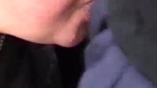 Old BBW chick sucks his cock outdoor in close up