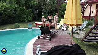 Fantastic Lesbian Orgy Outdoors Near The Swimming Pool