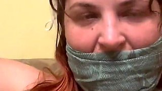 Newspaper Gag, Piss Soaked Scarf Over, Plastic Bag and Masturbation with 3 Dildos