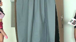 Sexy brunette lesbian riding a big strapon