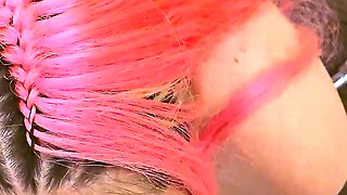 Pink Hair German Step-sister Give POV Blowjob to Boy After Caught in Shower