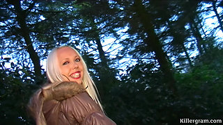 Hot Blonde Teen Dogging Slut Sucks off Two Big Cock Studs in the Woods