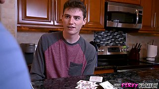 Two lucky dudes have a chance to nail their hot and busty stepmon during an awesome threesome