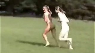 Two sexy and busty college chicks jogging outside naked