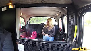 Curvy blonde woman gets slammed in the back of a taxi