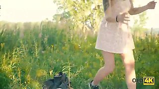 Old4k. cutie sucks older cock and gets it in her tiny snatch outdoors
