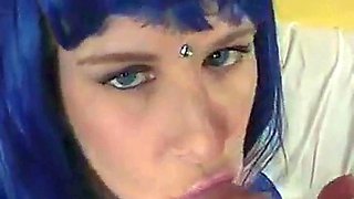 Blue-Haired Crossdresser Sucks Amateur Cock