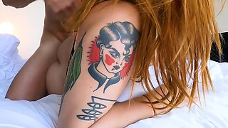 Busty redhead babe gets railed by a hot bald amn with big cock