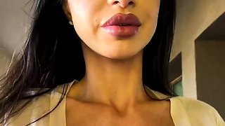 Busty curly brunette with big boobs fucks on couch