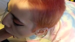 Pierced, short-haired emo girl facialized after BJ [POV]