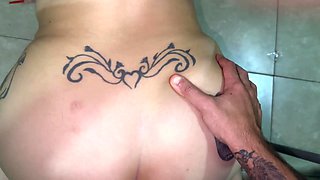Big tattooed latina slut is stuck in a washing machine gets fingered and then fucked really good
