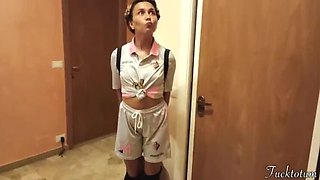 Naive College Cheerleader Tricked Into First Time Halloween Blowjob - Old Man Pumps Cum On Her Face