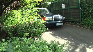 Blonde babe in latex outfit sucks and deepthroats two guys,one by one