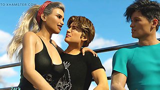 Steamy animated threesome adventure featuring Misskitty2k in a business suit and swimsuit