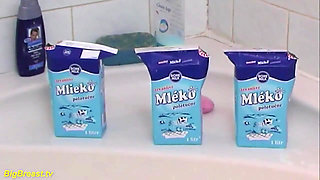 Cute big natural breast teen takes a milk bath