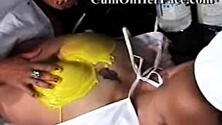 Hot brunette has hardcore group sex with DP