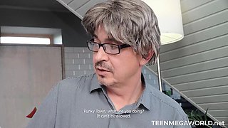 Arresting brunette hottie fucks an old guy in a bad wig