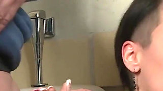 Hot brunette loves double penetration and ass to mouth in bathroom
