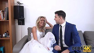 DEBT4k. Blonde dressed as a bride fucked by a collector in the presence of the groom