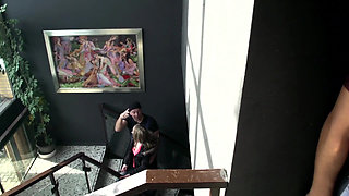 Blonde babe sucks deep an older man in the bathroom but the other one take her for real good office fuck