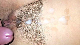 Cumshot compilation on her hairy pussy!