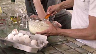 Sexy kitchen goddess loves her clit teased