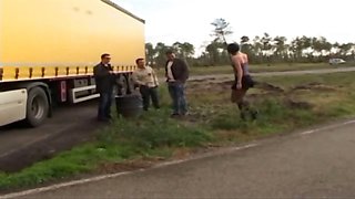 Sophie fucked in pantyhose by truck drivers