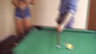 Brunette German doll sucks dick by the pool table