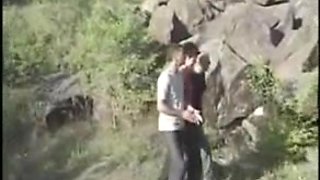 Bisexual anal threesome in the open air