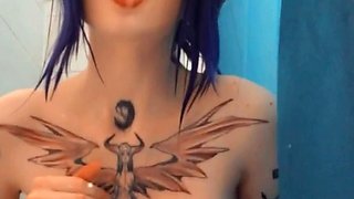 Busty curly brunette with big boobs fucks on couch