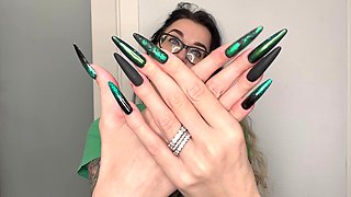 Finger Snapping and Sucking Fingers with Green Long Nails, Long Hair, Glasses and Face