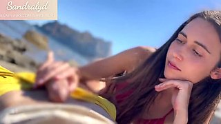 Hot Latina Teen Sandralydx Gives Handjob on Beach - POV Cumshot in Mouth