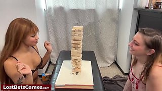 Lesbian Strip Game: Angel and Dizzy Play Tall Tumble Tower for Sex Toy Fun