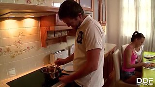 Hot threesome with Lyen Parker and Leda sucking big cock 69 in kitchen