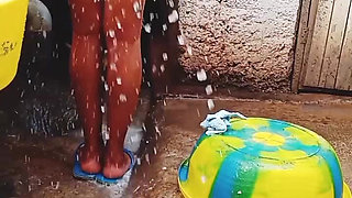 Outdoor Bathing My Pregnant Girlfriend in Dirty Environment