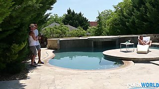 Tree Trimmer Studs DP Big-Tit-Blonde Angel Rivas in the Sun by the Pool GP2354