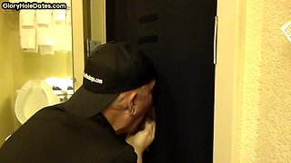 Gloryhole amateur DILF sucks and wanks BFs penis at home
