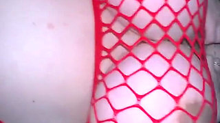 Massive Boobs Pregnant Girl in Red Mesh Rides Cock Then Doggy Fuck