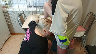 in the afternoon, I fuck my neighbor in the mouth in the kitchen and cum