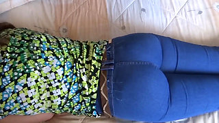 Beautiful Stepmom's Big Ass with Her Jeans on and Jeans Down, I Cum on Her Ass