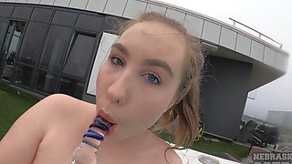 The hot solo girl Lika plays with her pussy by the pool.