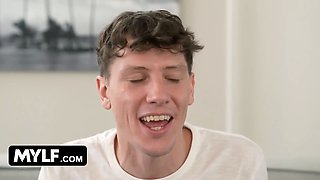 Curvy cougar Crystal Clark entices teenie stud and drains his Big Cock on her face and glasses - mylf